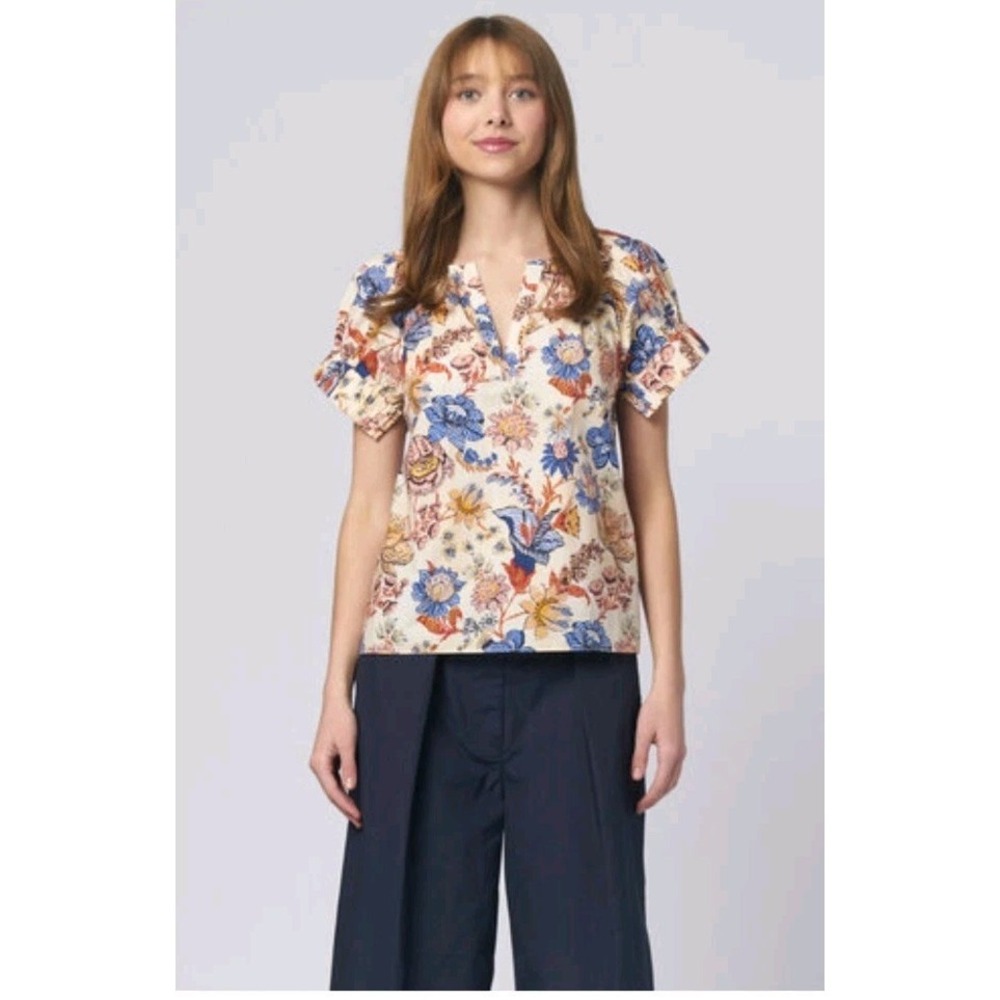 Ulla Johnson Naomi Top Cotton Floral Cream Red Blue Ruched Sleeve Blouse Size 2